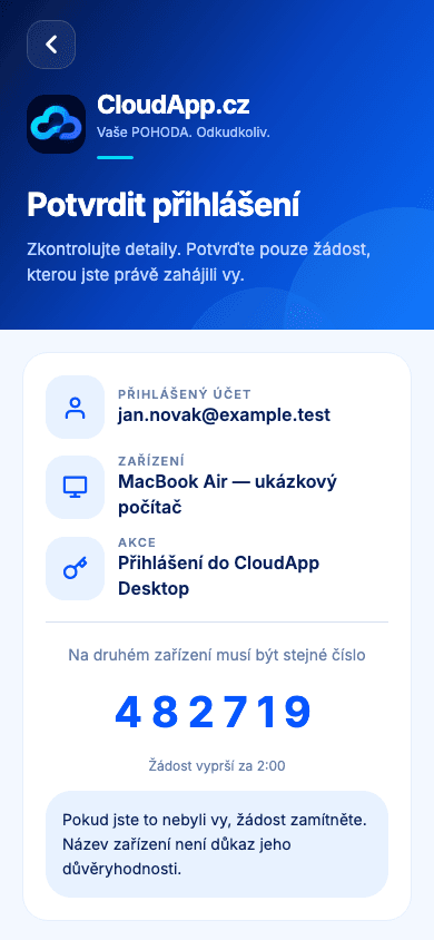 Náhled CloudApp: kontrola přihlášení s ukázkovým účtem a kontrolním číslem.
