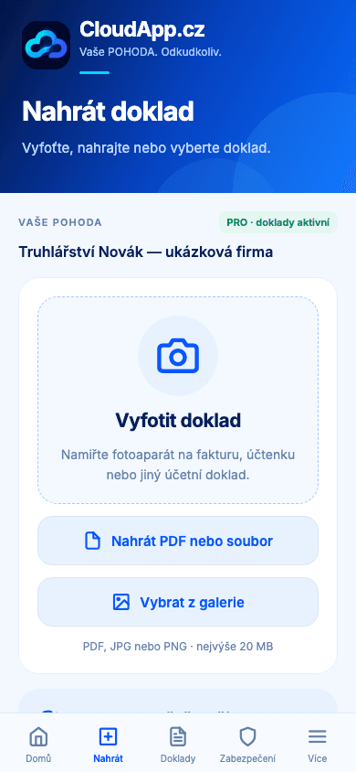Náhled CloudApp: nahrávání dokladu fotoaparátem, ze souboru nebo galerie pro ukázkovou firmu.